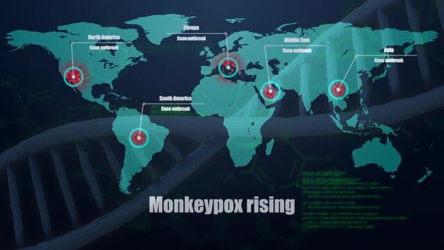 Animation of monkey pox rising over world map and dna