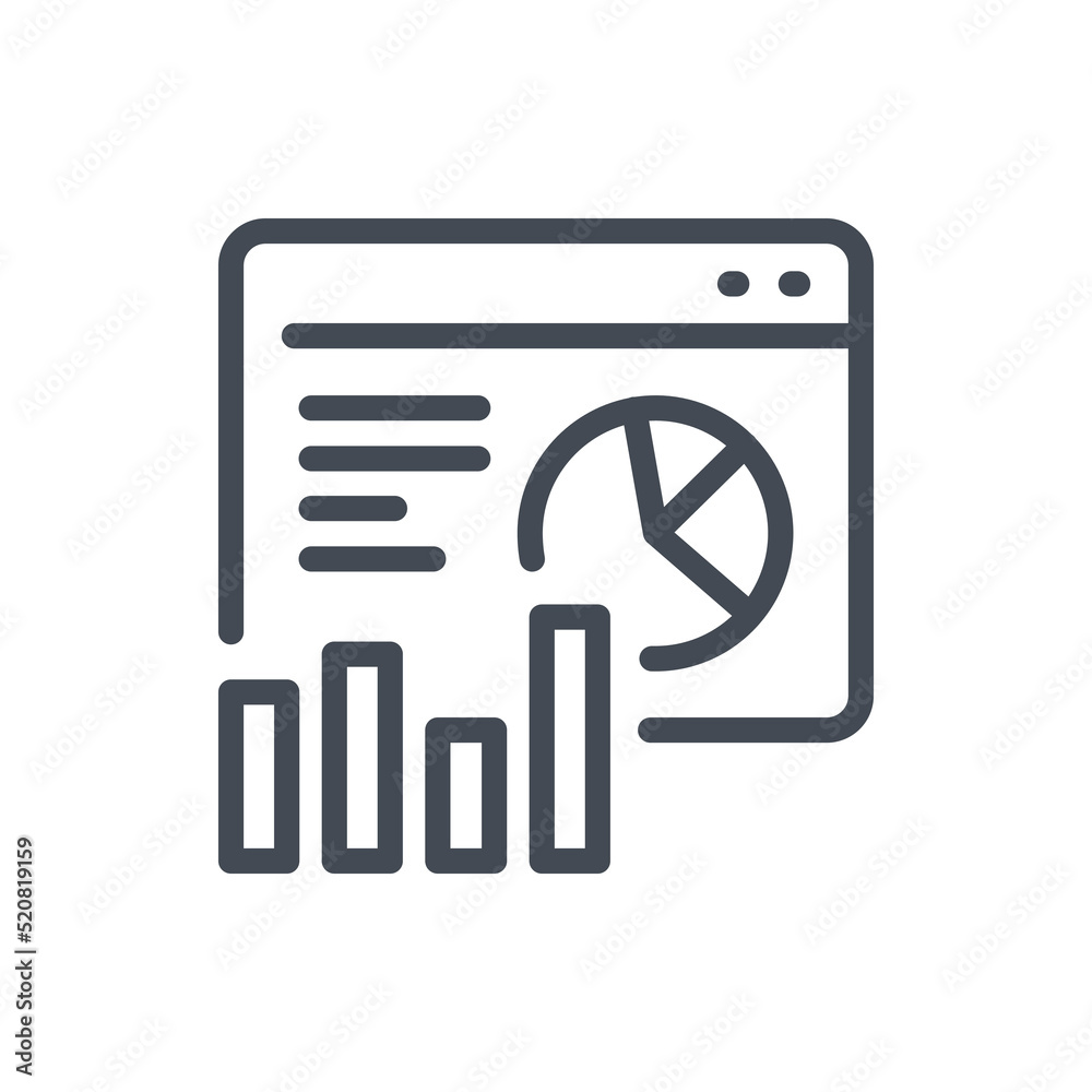 Poster online statistics and web analytics report line icon. website with pie chart and graph report vector