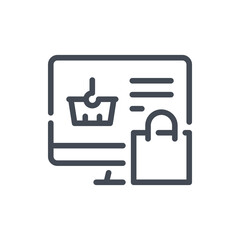 Online store and shopping line icon. Computer with shopping basket and bag vector outline sign.
