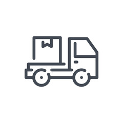 Delivery van and fast shipping line icon. Cargo vehicle with delivery box vector outline sign.