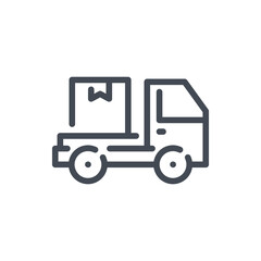 Fototapeta premium Delivery van and fast shipping line icon. Cargo vehicle with delivery box vector outline sign.