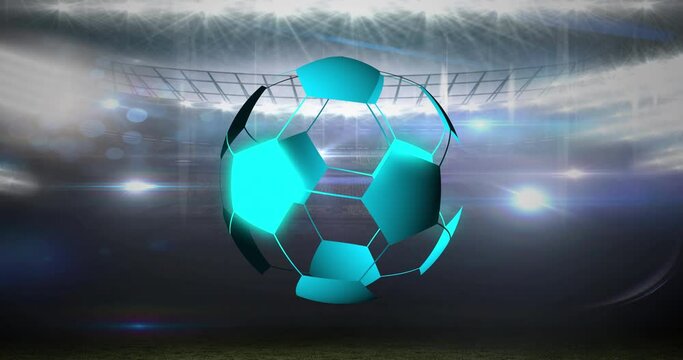 Animation of neon soccer ball over sport stadium