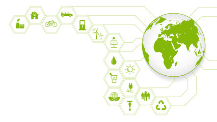 Green Business template background with icons for Eco friendly and Sustainability concept with flat icons, vector illustration