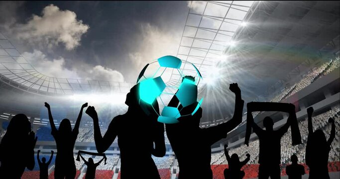Animation of neon soccer ball over sport stadium and people silhouettes