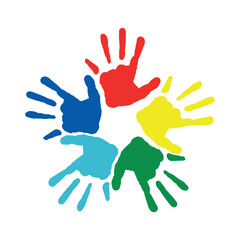 Colorful hand prints isolated on white. background. Colorful hands. Concept of democracy. Vector stock
