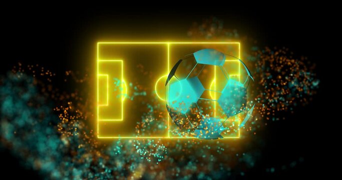 Animation of neon soccer ball over soccer field and glitter on black background