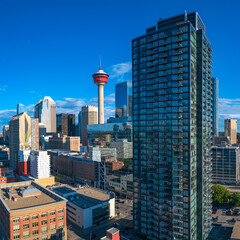 Calgary business district cityscape and skyline with the view of the Calgary Tower in Alberta, Canada