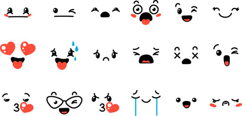 Various Cartoon Emoticons Set. Doodle faces, eyes and mouth. Caricature comic expressive emotions, smiling, crying and surprised character face expressions