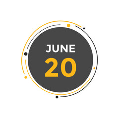 june 20 calendar reminder. 20th june daily calendar icon template. Vector illustration 
