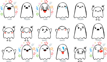 Set of Various Cartoon Ghosts with Emoticons. Doodle ghouls, eyes and mouth. Caricature comic expressive emotions, smiling, crying and surprised character face expressions