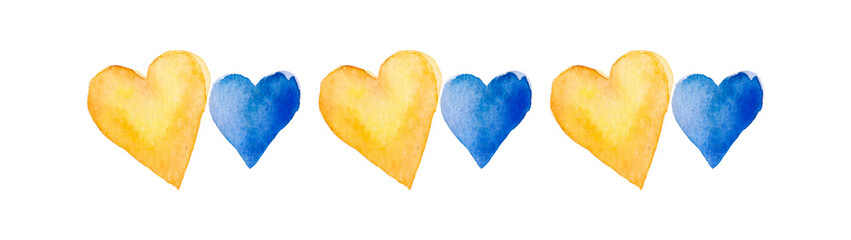 Fototapeta premium Blue and yellow hearts with the flag of Ukraine. Ukrainian Russian war. Watercolor cartoon isolated illustration.