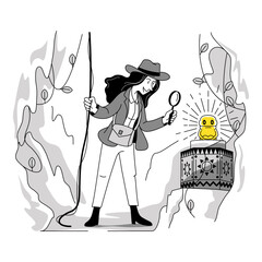 Black and white cartoon illustration of female archaeologist finding gold in ancient cave.