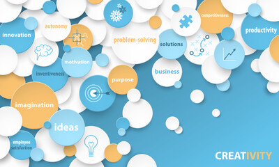 Colorful vector CREATIVITY business concept with keywords and icons on blue background