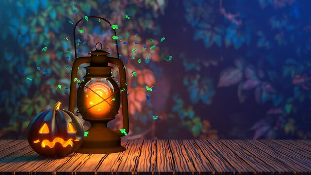 Oil lamp with lots of moths and Halloween pumpkin lantern glows on natural background 3D 4K animation with copy space for any text