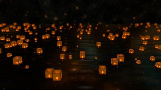 Many glowing lanterns float on the surface of the dark water 3D 4K loop-able animation. The festival of lights concept