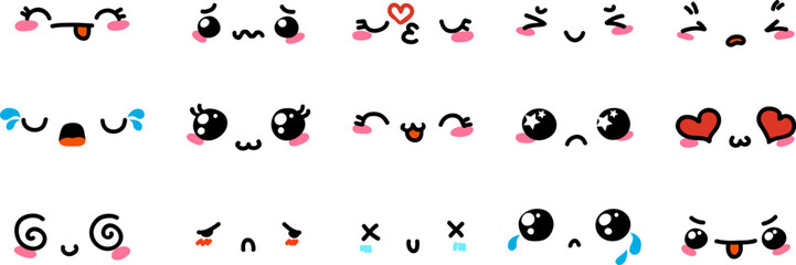 Naklejka premium Various Cartoon Emoticons Set. Doodle faces, eyes and mouth. Caricature comic expressive emotions, smiling, crying and surprised character face expressions