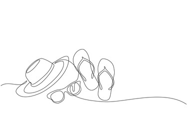 Continuous line drawing of summer vacation concept, sandy beach, beach umbrella, lounge chairs, straw hat, sunglasses and flip flops on tropical beach in single line doodle style. Editable strokes.