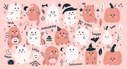 Naklejka premium Cute Halloween vector set pattern with cartoon ghosts, pumpkins and more funny elements. Hand drawn Halloween lettering quotes.