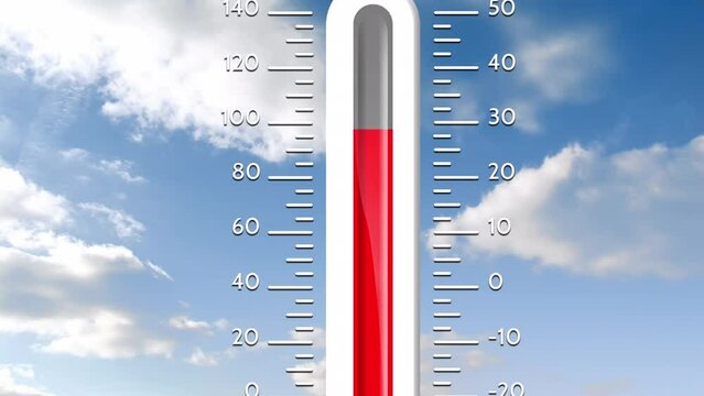 Animation of digital thermometer over sky with clouds