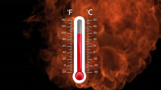 Animation of digital thermometer over flames