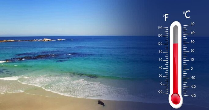 Animation of digital thermometer over sea landscape