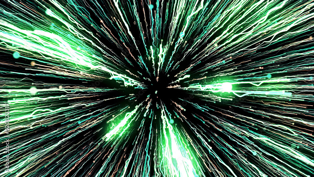 Poster bright abstraction.motion. a dark background with long bright lines shimmering and moving in the 3d 