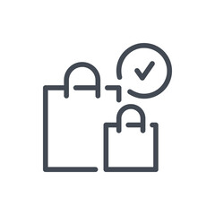 Shopping bags with check mark in circle line icon. Purchase confirmation vector outline sign.