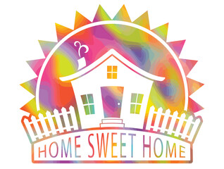 Obraz premium Home sweet home quote with cute tiny house on a hill with white picket fence and big sun behind in bright festive colors isolated on white. tiny house living concept