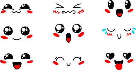 Various Cartoon Emoticons Set. Doodle faces, eyes and mouth. Caricature comic expressive emotions, smiling, crying and surprised character face expressions