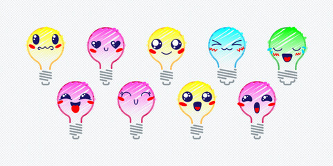 Set of Various Cartoon Bulbs with Emoticons. Doodle lightbulb, ideas, eyes and mouth. Caricature comic expressive emotions, smiling, crying and surprised character face expressions