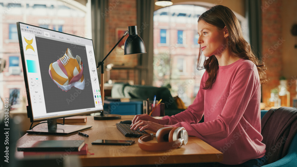 Aufkleber caucasian woman design video game at her personal computer in a creative office. female designing cl