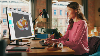 Caucasian Woman Design Video Game at Her Personal Computer in a Creative Office. Female Designing...
