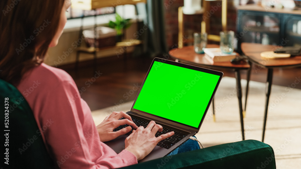 Poster young adult woman working from home loft apartment on laptop computer with green screen mock up disp