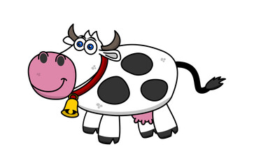 Dairy cow with blue eyes wearing a bell on a white background