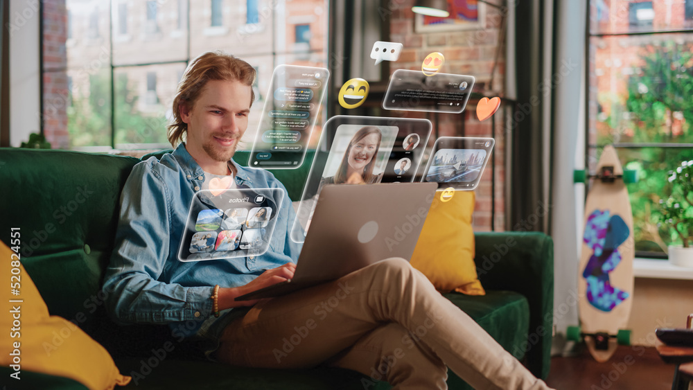 Poster young handsome man using laptop computer to check social media, listen to music and read emails. cre