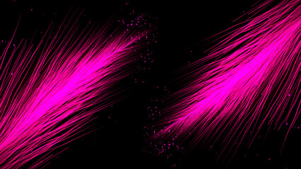 Black background.Motion.Bright lines like feathers, thin pink and white, spread over the footage in abstraction and fly to another corner.