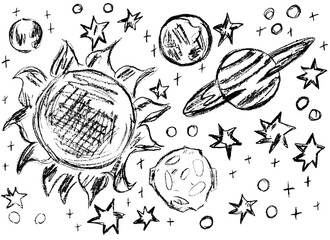 Cosmic landscape with planets, stars and a big sun