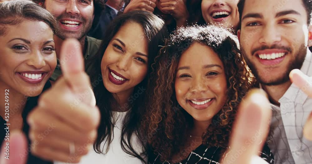 Wall mural Thumbs up, success and teamwork gesture from businesspeople in a group portrait while showing hand emoji sign or gesture. Happy diverse team of corporate workers with a good and winning expression