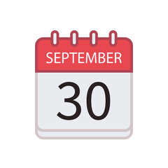 Calendar icon of 30 September. Date and month. Flat vector illustration..