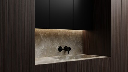 side view Interior of luxury bathroom. matt black water faucet with stylish square sink standing on the stone countertop,  3d rendering & 3d illustration 