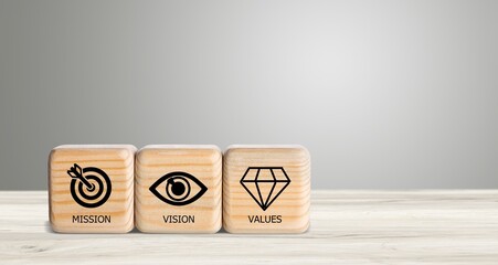 Mission, vision and values of company. Purpose business concept. Wooden cube. Business presentation. © BillionPhotos.com
