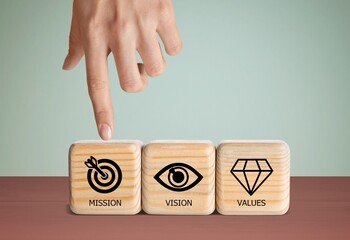 Mission, vision and values of company. Purpose business concept. Wooden cube. Business presentation.