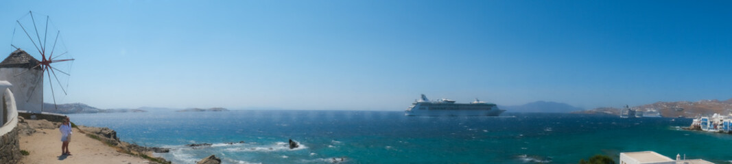 Panoramic views of the Greek islands. Vacation. Mediterranean. Cruise ship.
Windmills. Nature