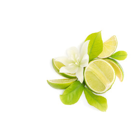 Lime green and flowers on white background