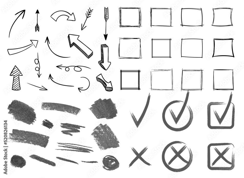 Wall mural vector set of hand drawn black and white elements frames squares arrows and strokes.