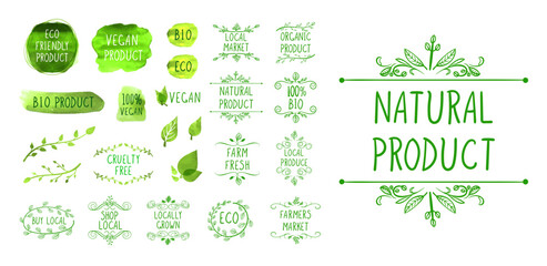 Vector Set of Eco Symbols Watercolour Green Healthy Eating Natural Product Illustrations, Hand Drawn Icons Collection.