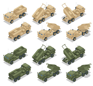Isometric rocket salvo fire system on a wheeled landing gear. Rocket artillery. Tactical ballistic missile. War. Light multiple rocket launcher developed