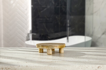 Wooden pedestal on marble desk and bathroom interior. 