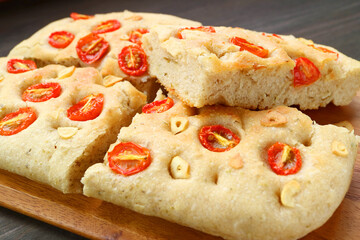 Closeup of Mouthwatering Homemade Tomato and Garlic Italian Focaccia Bread