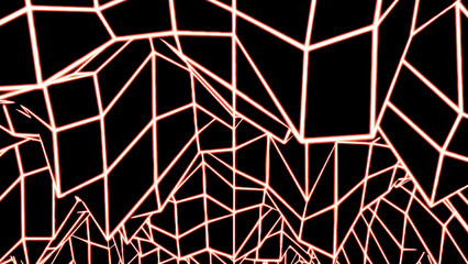 Abstract moving transformed neon grid on a black background. Design. Visualization of hilly path with mountain silhouettes.